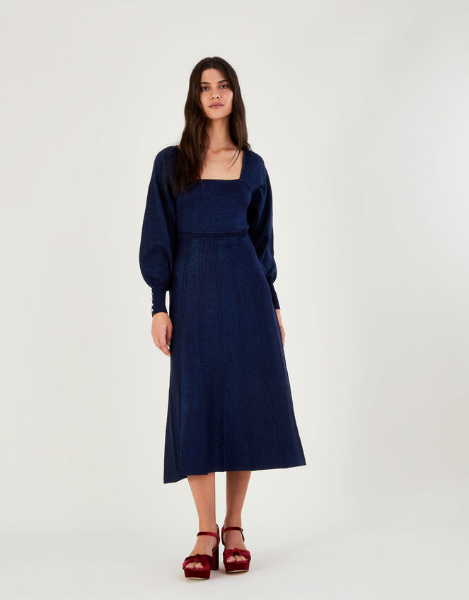 Metallic Knit Square Neck Pleated Midi Dress, Blue (NAVY), large