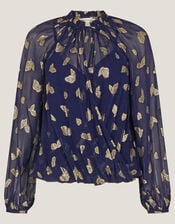 Angela Leaf Print Wrap Blouse, Blue (NAVY), large