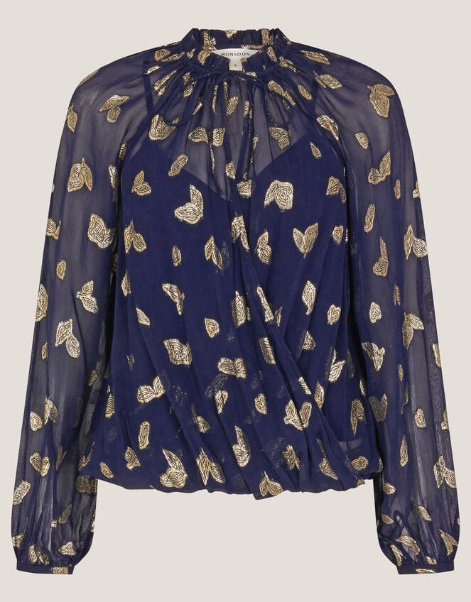 Angela Leaf Print Wrap Blouse, Blue (NAVY), large