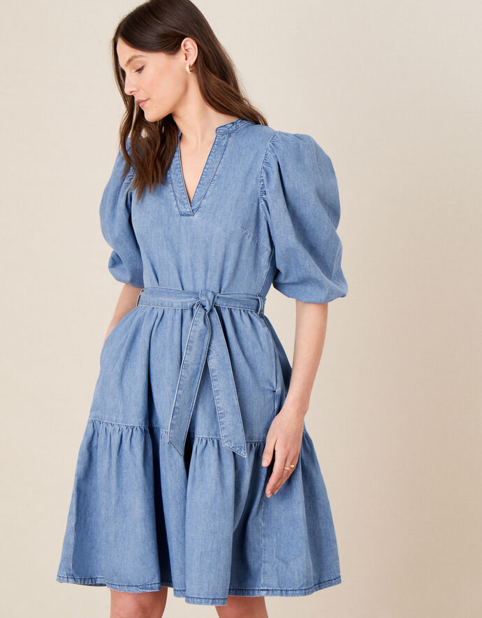 Puff Sleeve Belted Denim Dress Blue Denim Monsoon UK.