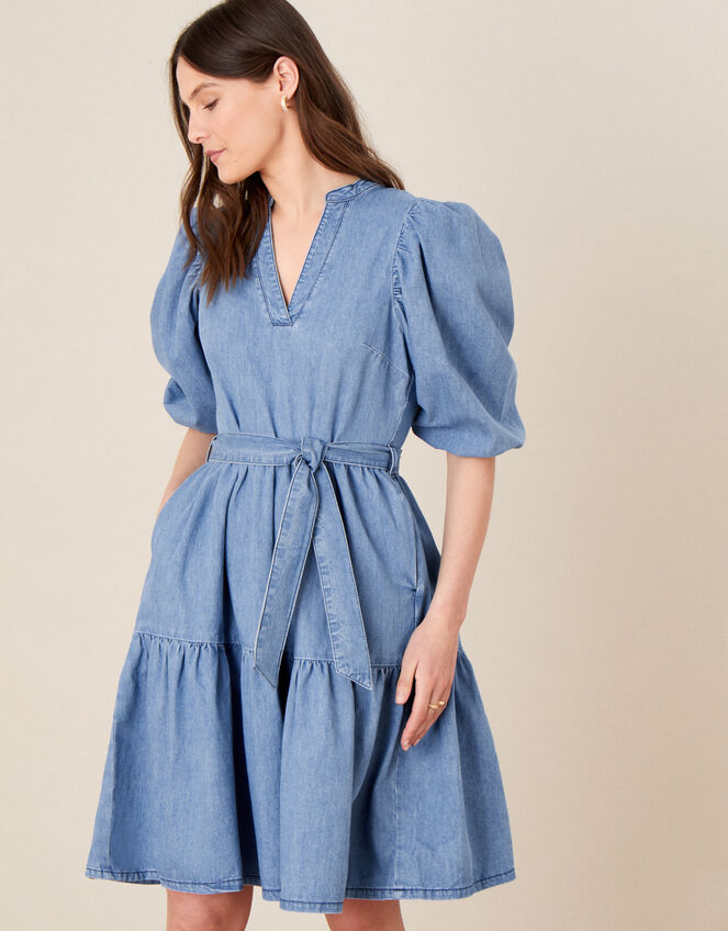 Puff Sleeve Belted Denim Dress Blue | Denim | Monsoon UK.