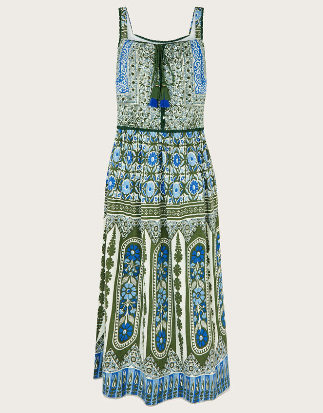 Floral Print Sleeveless Midi Dress, Green (KHAKI), large