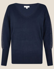 Heat-Seal Gem V-Neck Jumper, Blue (NAVY), large