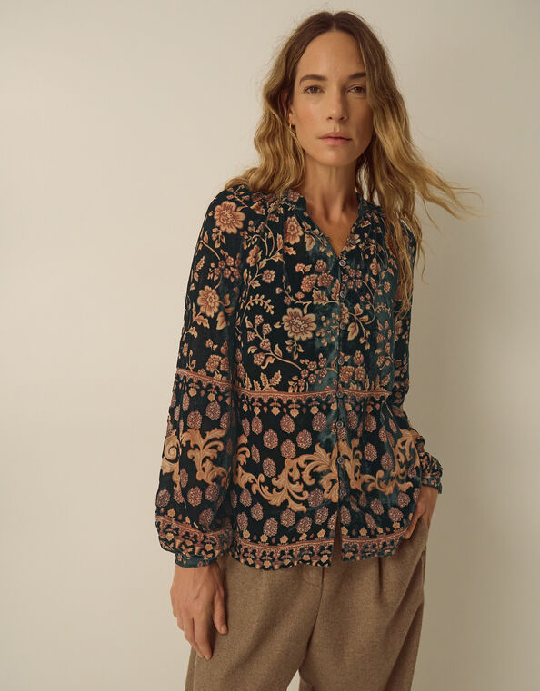 Hollie Floral Devor&eacute; Velvet Shirt, Green (GREEN), large
