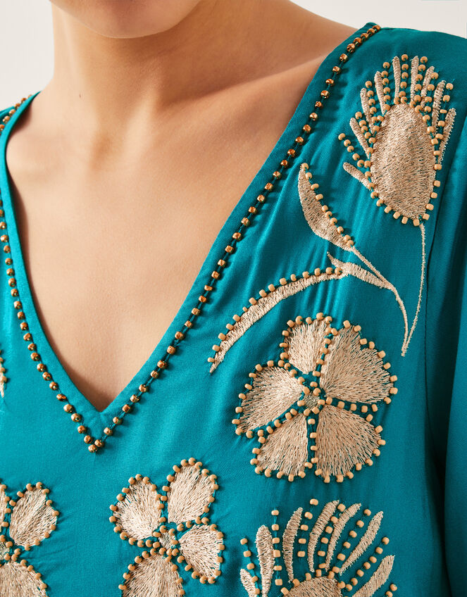 Tracy Floral Embellished Mini Kaftan Teal