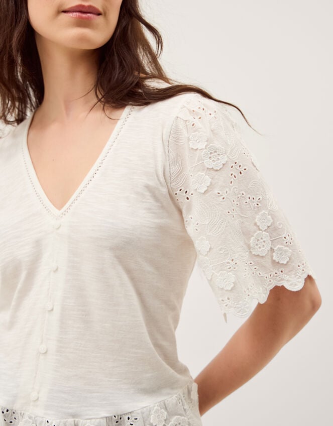 Freya V-Neck Floral Broderie Top, Ivory (IVORY), large