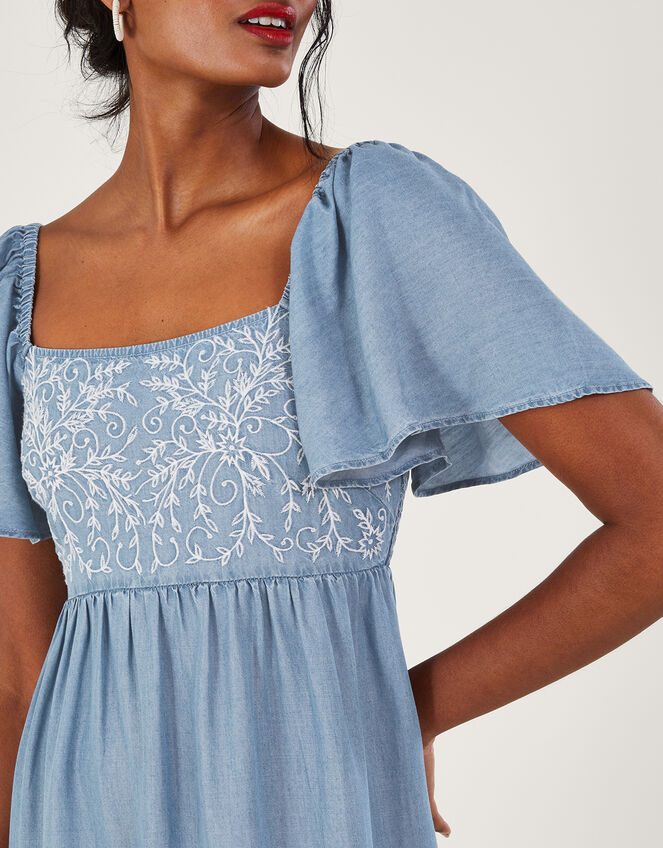 Embroidered Short Denim Dress, Blue (DENIM BLUE), large