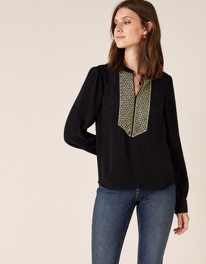 Embroidered Bib Blouse, Black (BLACK), large
