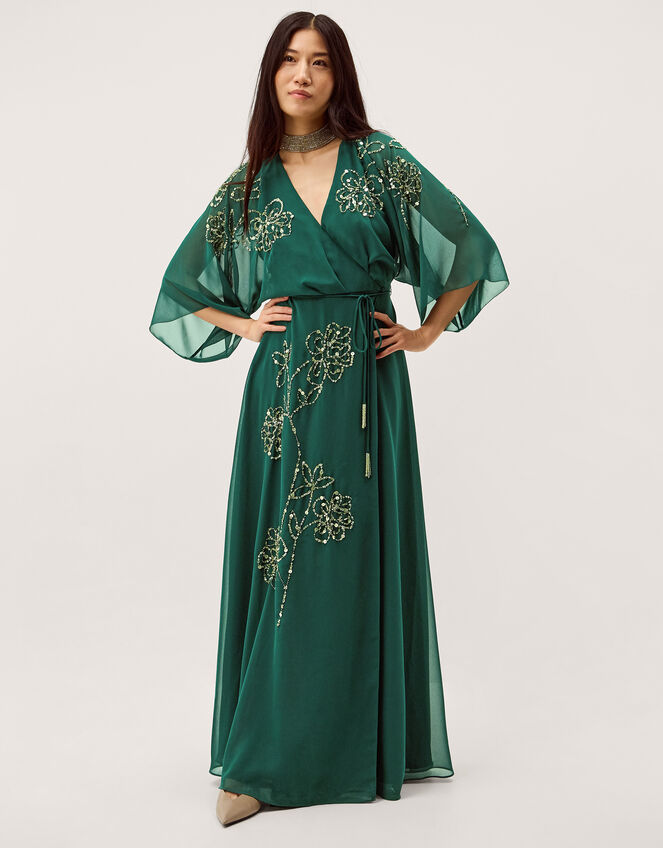 Skyla Floral Embellished Maxi Wrap Dress, Green (DARK GREEN), large