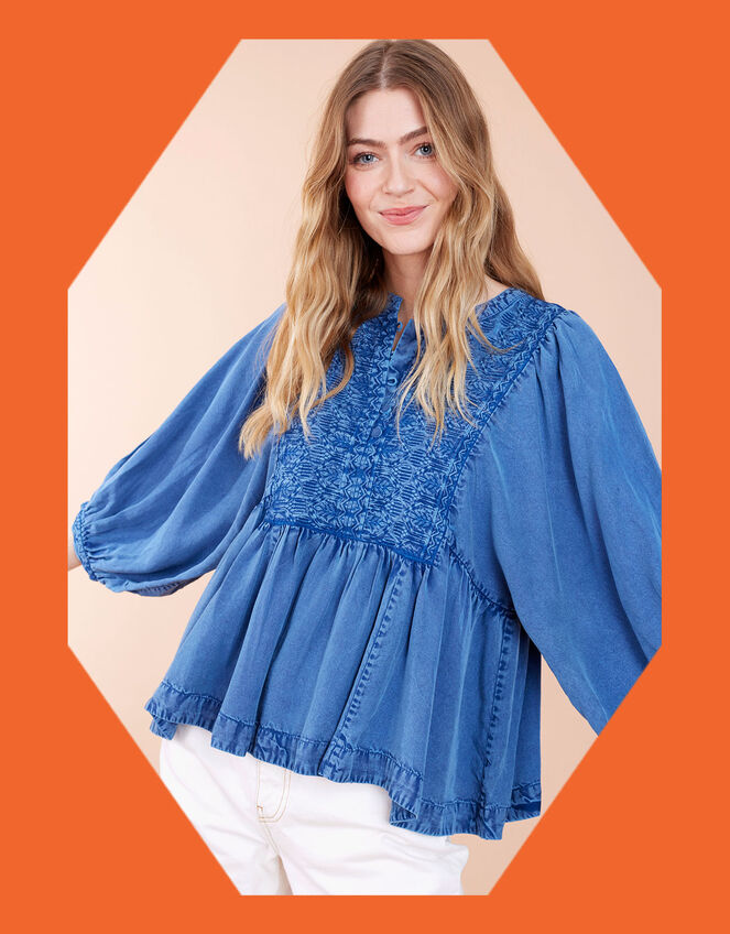 East Cinzia Tiered Denim Top, Blue (DENIM BLUE), large