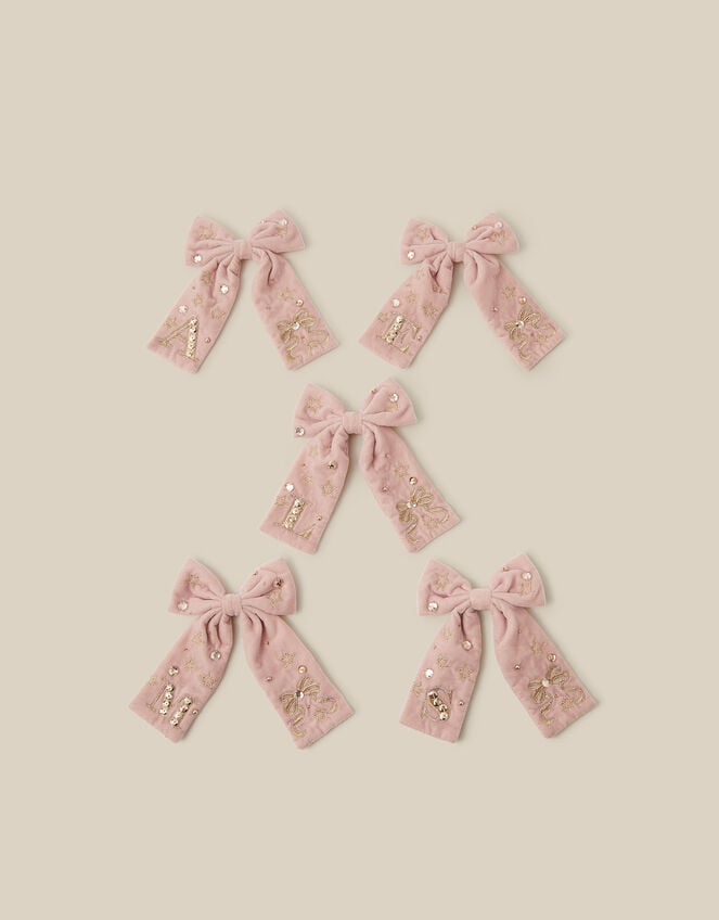Embellished Velvet Initial Bow Clip, Pink (PINK), large