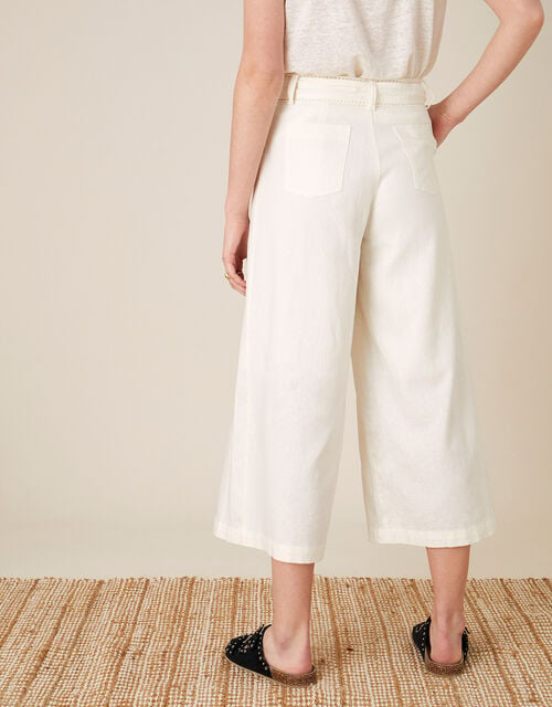 Scallop Crop Trousers in Linen Blend , White (WHITE), large