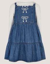 Long Sleeve Top & Denim Pinafore Dress Set , Blue (BLUE), large