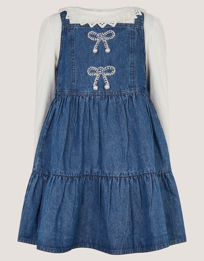 Long Sleeve Top & Denim Pinafore Dress Set , Blue (BLUE), large