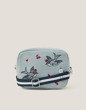 Embroidered Denim Cross Body Bag, , large