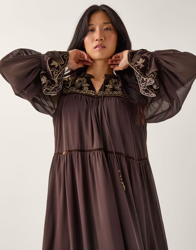 Nova Embroidered Yoke Chiffon Maxi Dress, Brown (CHOCOLATE), large