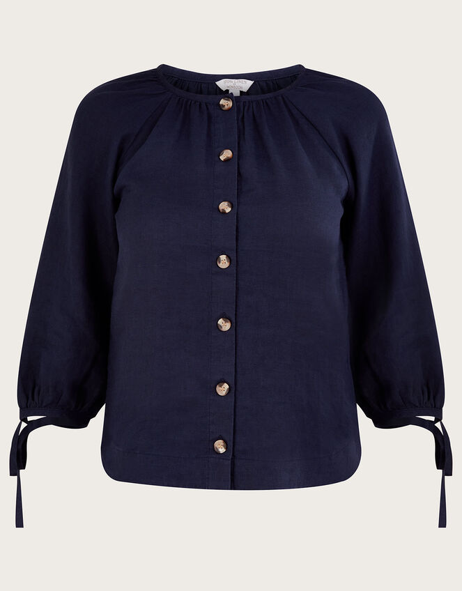 Tie Cuff Button Through Linen Blouse Blue | Tops & T-shirts | Monsoon UK.