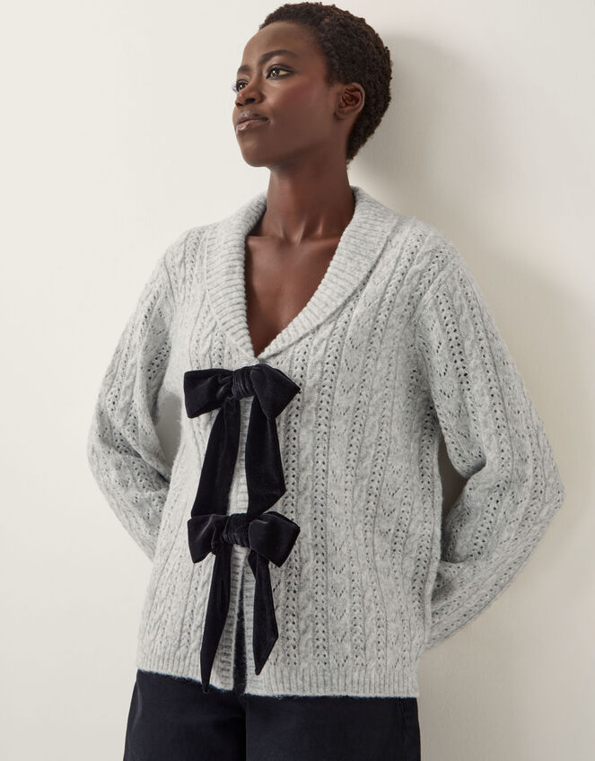 Bria Bow Cable Knit Cardigan, Grey (GREY), large