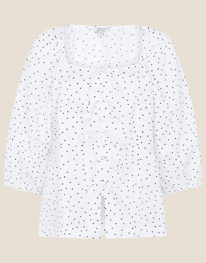 Tie Front Spot Print Blouse, White (WHITE), large