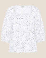 Tie Front Spot Print Blouse, White (WHITE), large