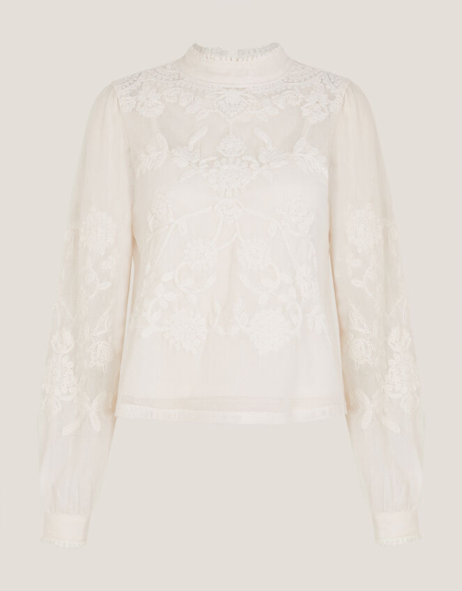 Leni High Neck Embroidered Mesh Blouse, Ivory (IVORY), large