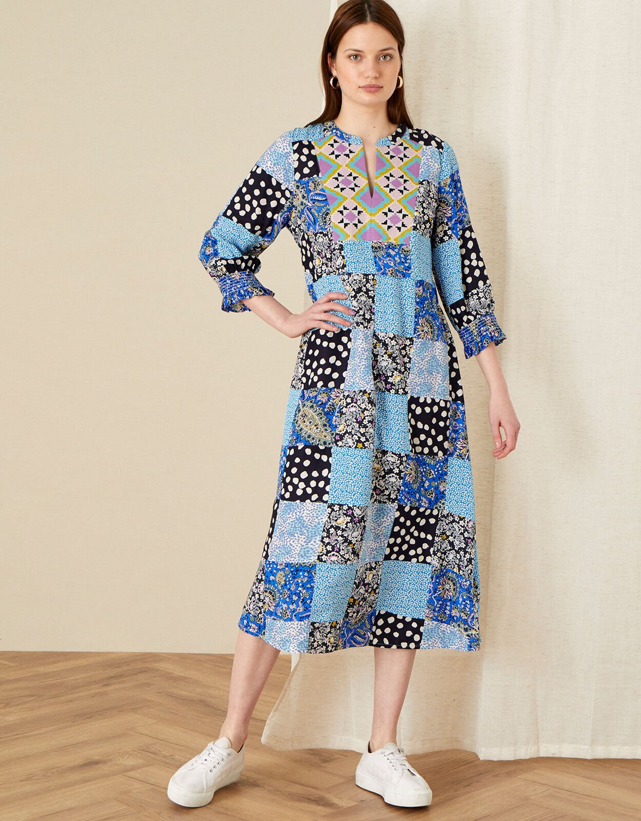 Patchwork Print Midi Dress Blue Day Dresses Monsoon UK