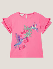 Hummingbird Embellished Frill T-Shirt, Pink (PINK), large
