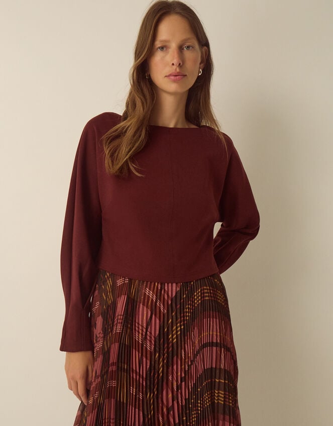 Melinda Check Print Pleated Midi Dress, Red (BURGUNDY), large