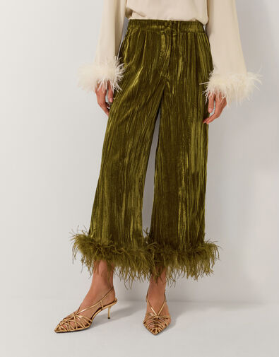 Olivia Feather Cuff Velvet Trousers, Green (OLIVE), large
