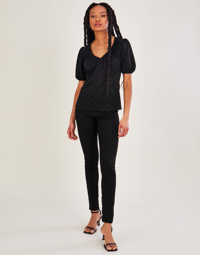 Broderie Jersey Gathered Top, Black (BLACK), large