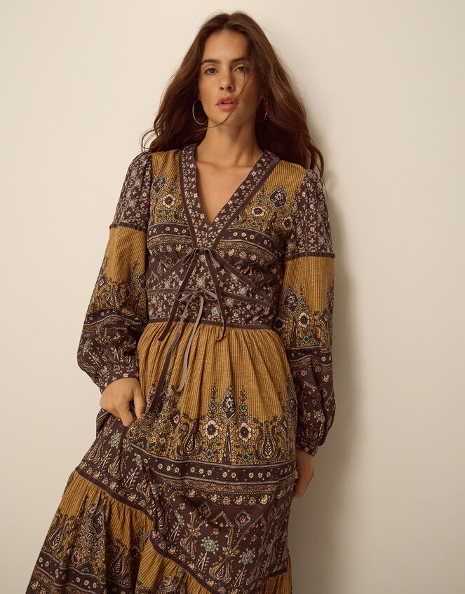 Branwen Floral Print Jersey Midi Dress, Yellow (OCHRE), large