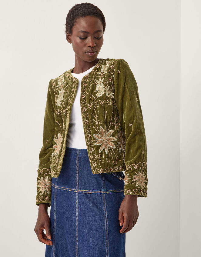 Magda Floral Embroidered Velvet Jacket, Green (KHAKI), large
