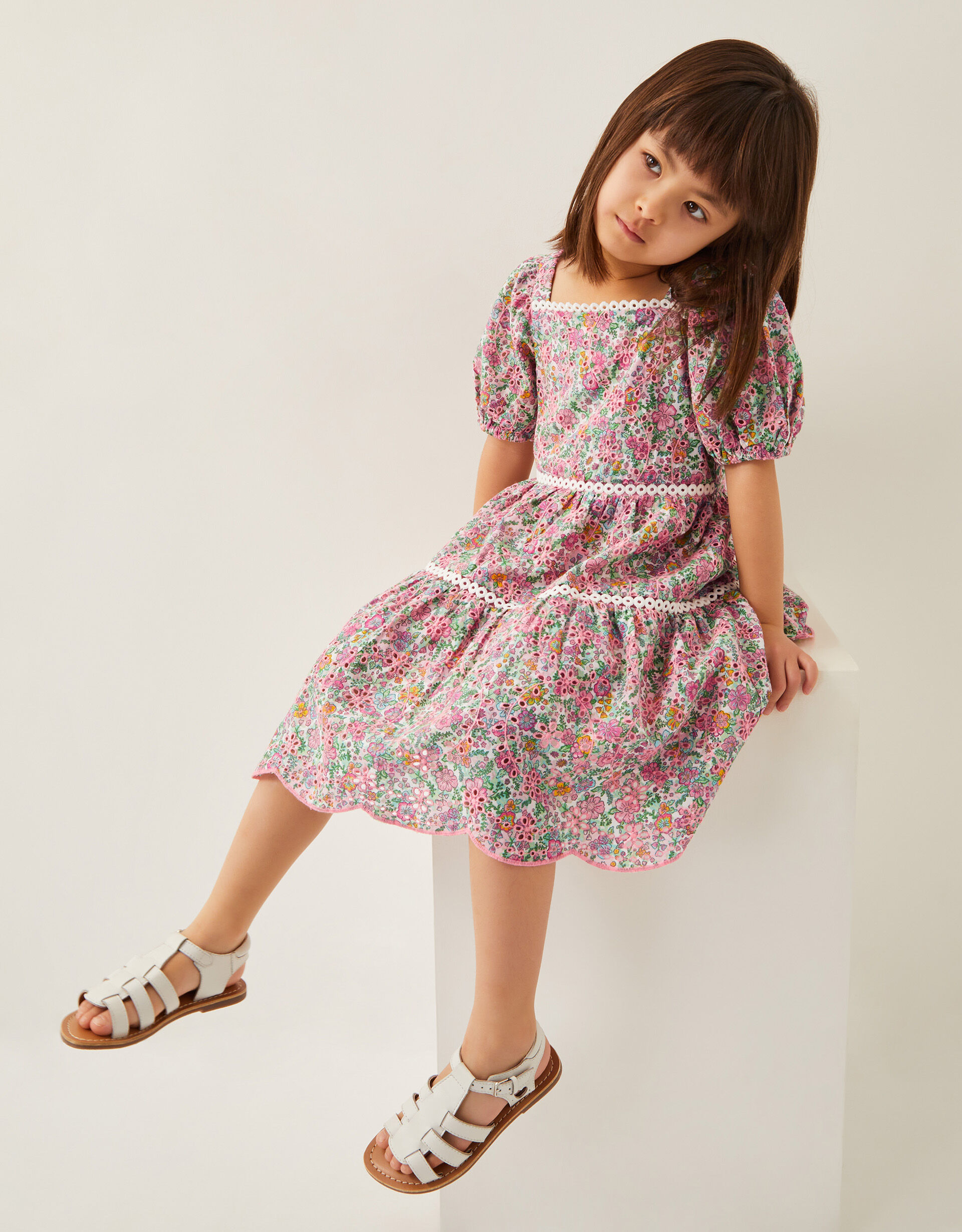 Broderie Floral Puff-Sleeve Dress Pink
