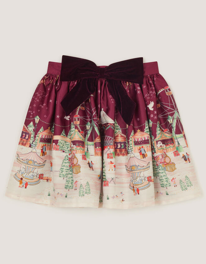 Christmas Scene Satin Skirt, Red (BURGUNDY), large