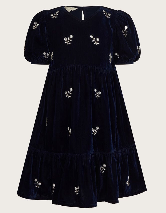 Pearl Embellished Velvet Dress, Blue (NAVY), large