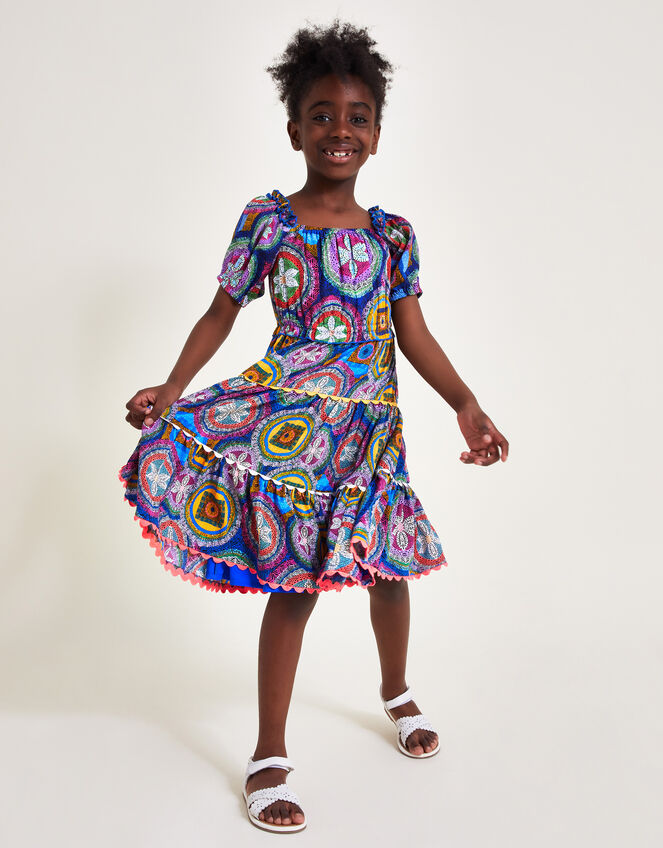 Short Sleeve Scallop Print Dress, Blue (BLUE), large