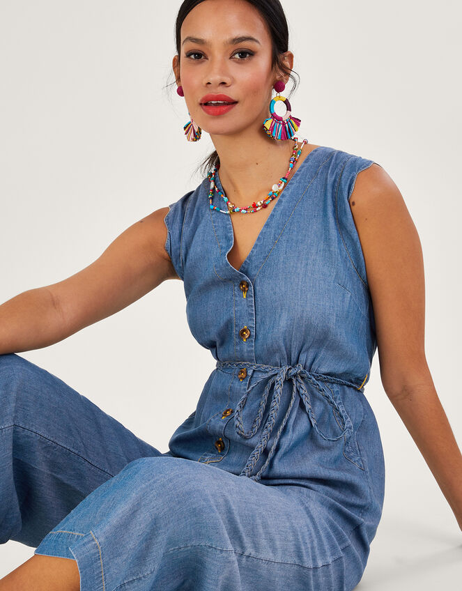 Tie Belt Denim Jumpsuit, Blue (DENIM BLUE), large