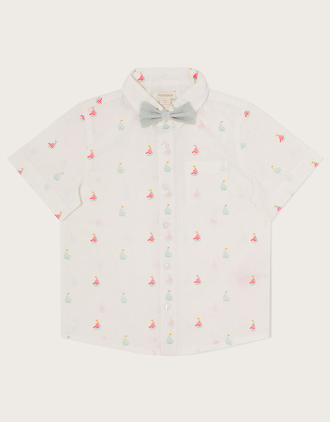 Boat Print Shirt with Bow Tie, Ivory (IVORY), large