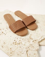 Plaited Leather Slide Sandals, Tan (TAN), large