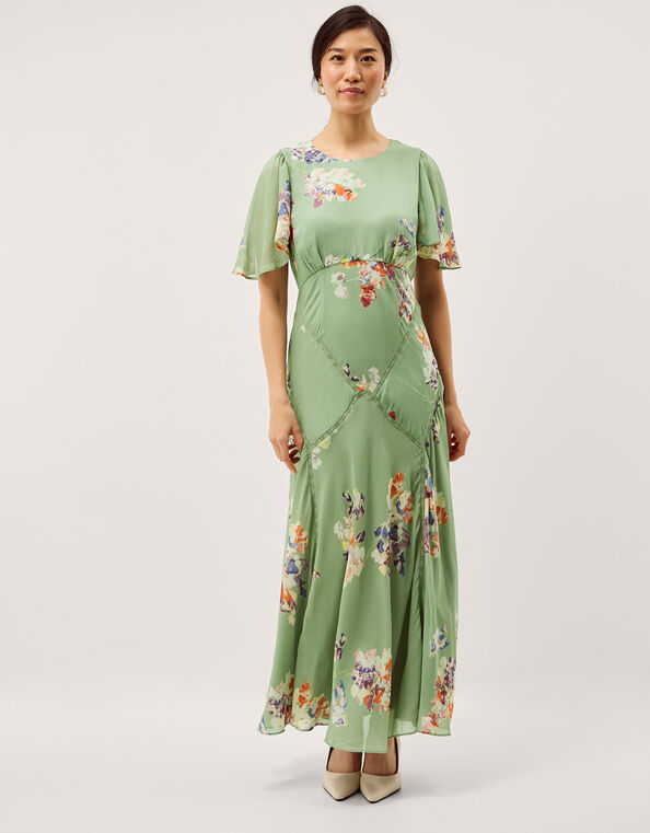 Amber Flutter Floral Print Maxi Dress, Green (GREEN), large