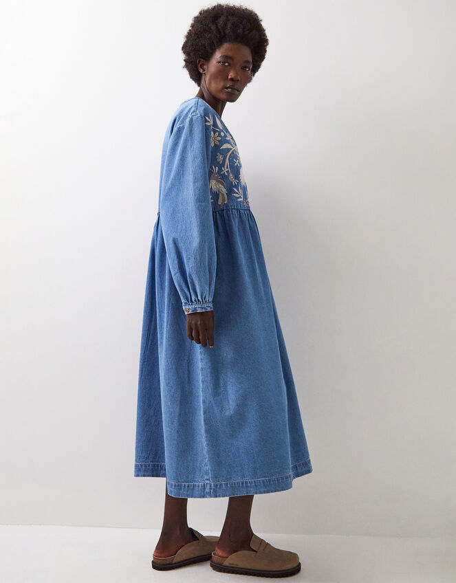 East Floral Embroidered Denim Midi Dress, Blue (BLUE), large