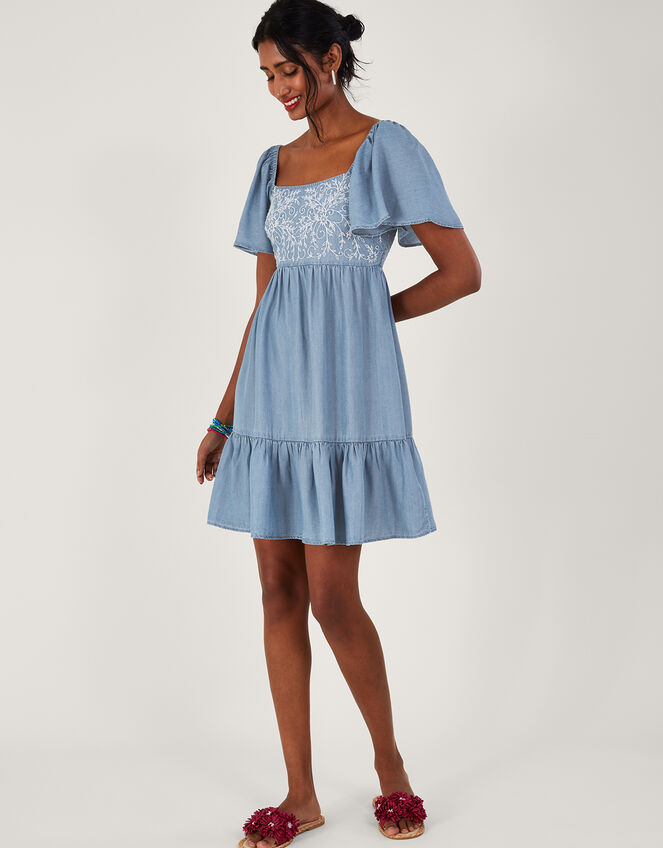 Embroidered Short Denim Dress, Blue (DENIM BLUE), large