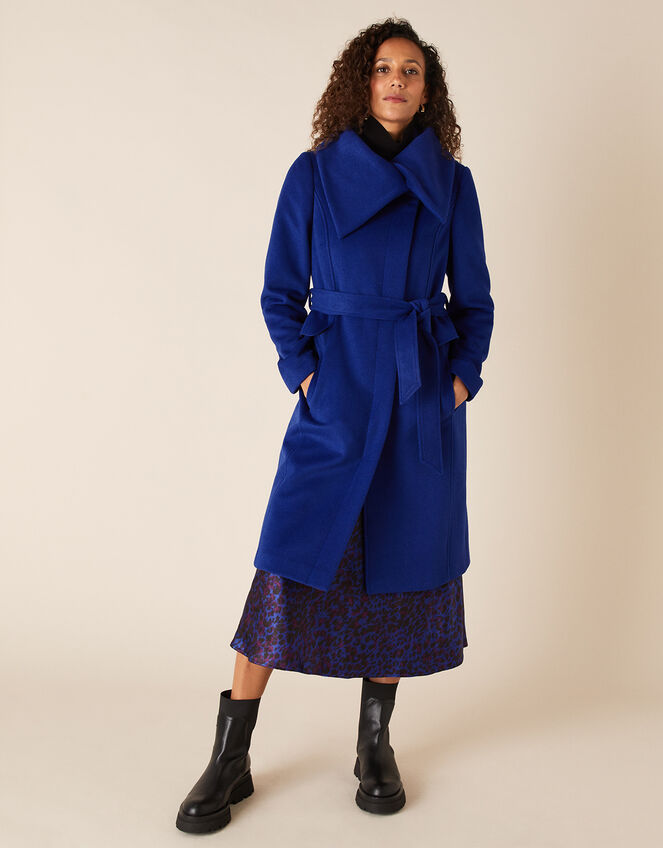 Keryn Wrap Collar Belted Coat, Blue (COBALT), large
