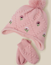 Baby Floral Trapper Hat & Mittens Set, Pink (PINK), large