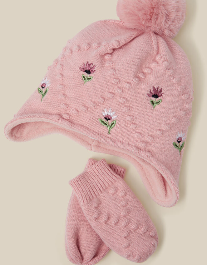 Baby Floral Trapper Hat & Mittens Set, Pink (PINK), large