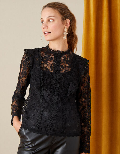 Leah Long Sleeve Lace Top, Black (BLACK), large
