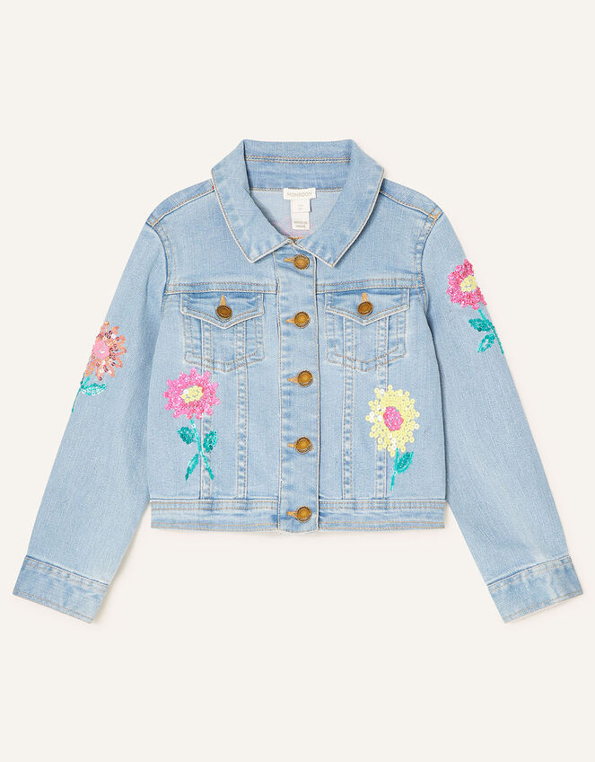 Sequin Flower Denim Jacket, Blue (BLUE), large