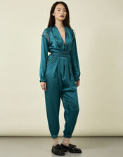 Tallulah and Hope Embroidered Satin Wrap Jumpsuit, Green (GREEN), large