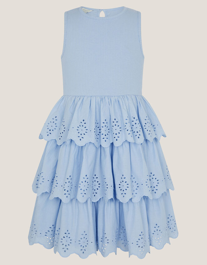 Sleeveless Broderie Tiered Dress, Blue (BLUE), large
