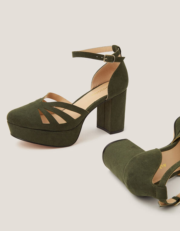 Iris Cutwork Platform Heels, Green (OLIVE), large